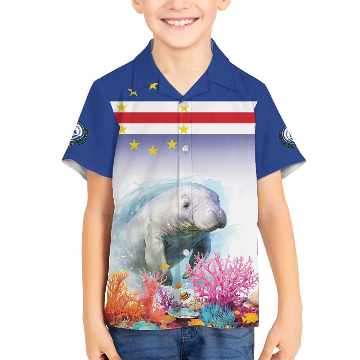 Cape Verde Manatee Family Matching Off The Shoulder Long Sleeve Dress and Hawaiian Shirt Coral Reef With Flag Style - Wonder Print Shop