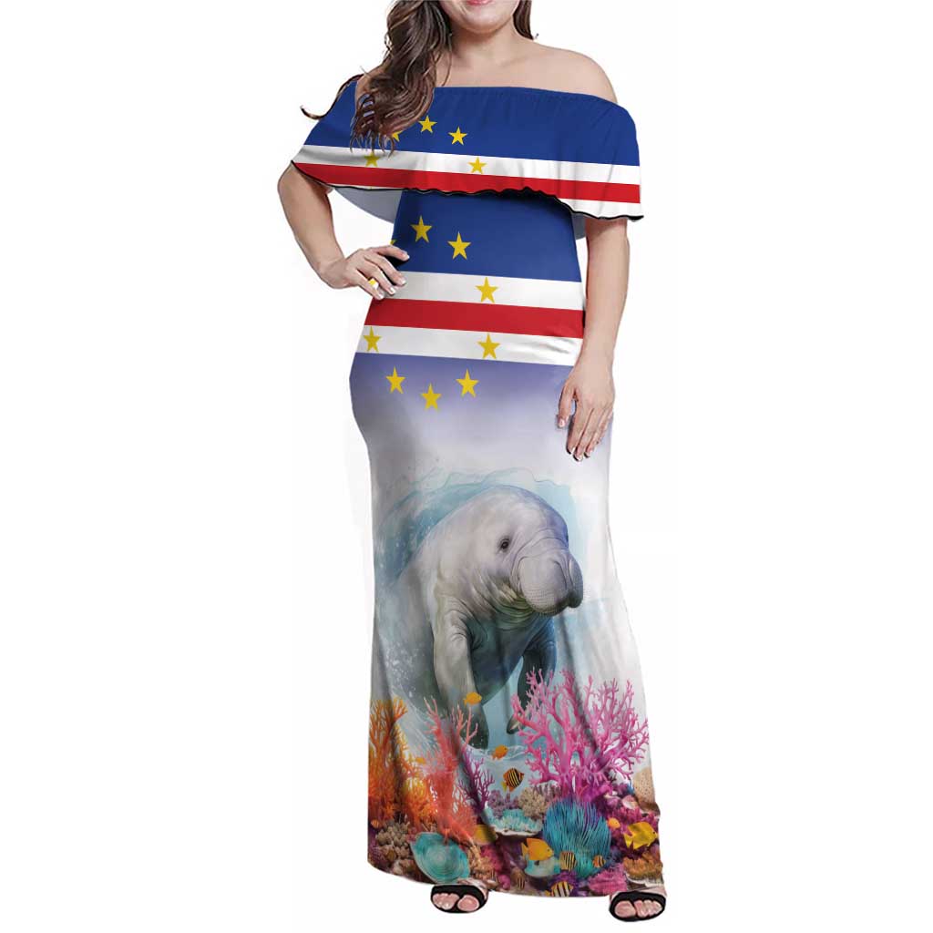 Cape Verde Manatee Family Matching Off Shoulder Maxi Dress and Hawaiian Shirt Coral Reef With Flag Style - Wonder Print Shop