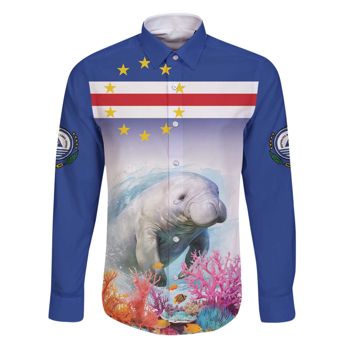 Cape Verde Manatee Family Matching Off Shoulder Short Dress and Hawaiian Shirt Coral Reef With Flag Style - Wonder Print Shop