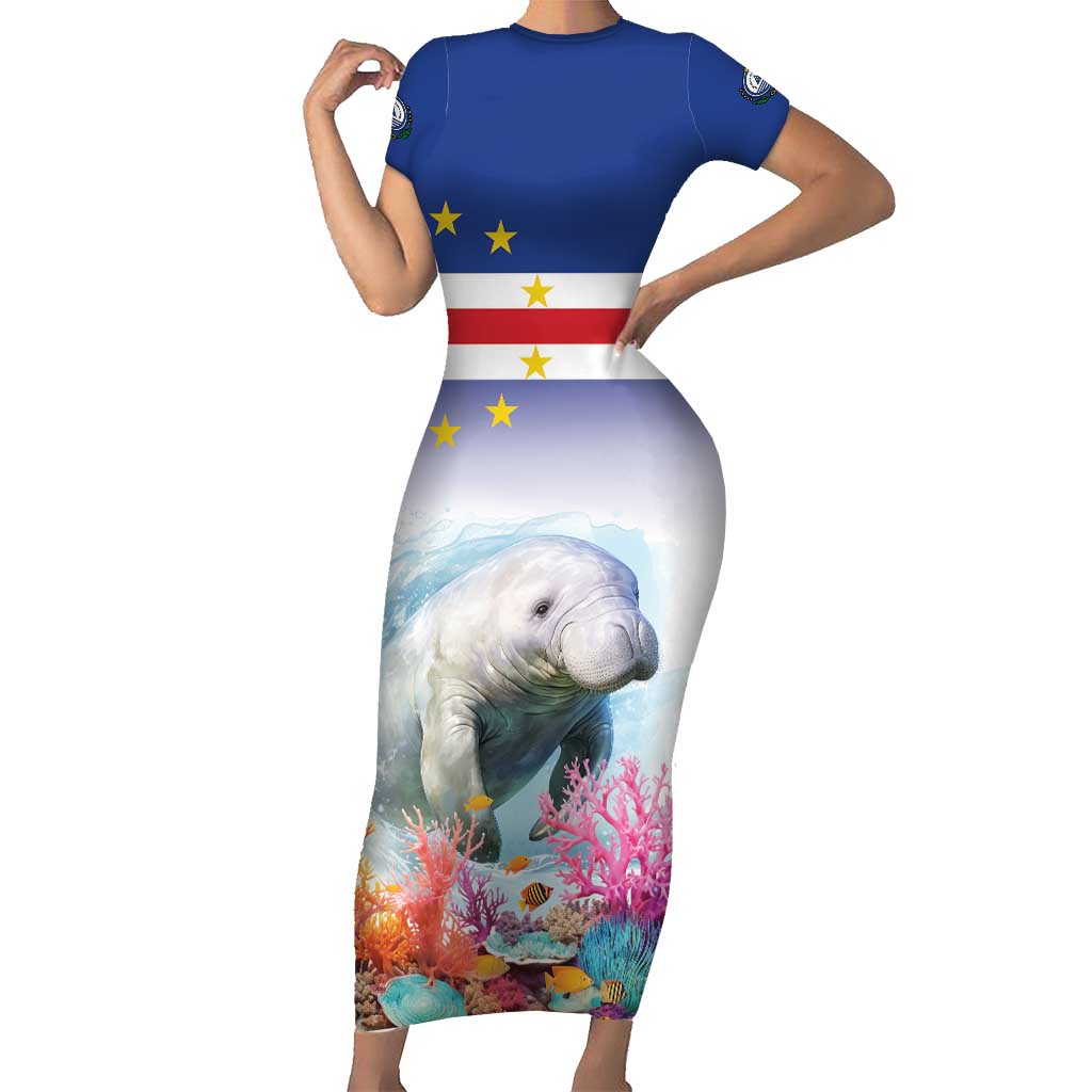 Cape Verde Manatee Family Matching Short Sleeve Bodycon Dress and Hawaiian Shirt Coral Reef With Flag Style - Wonder Print Shop