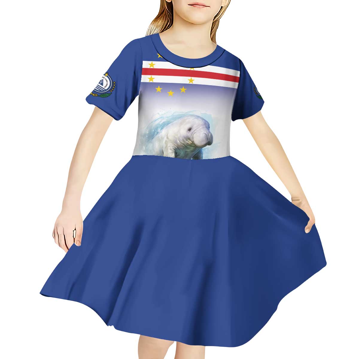 Cape Verde Manatee Kid Short Sleeve Dress Coral Reef With Flag Style - Wonder Print Shop