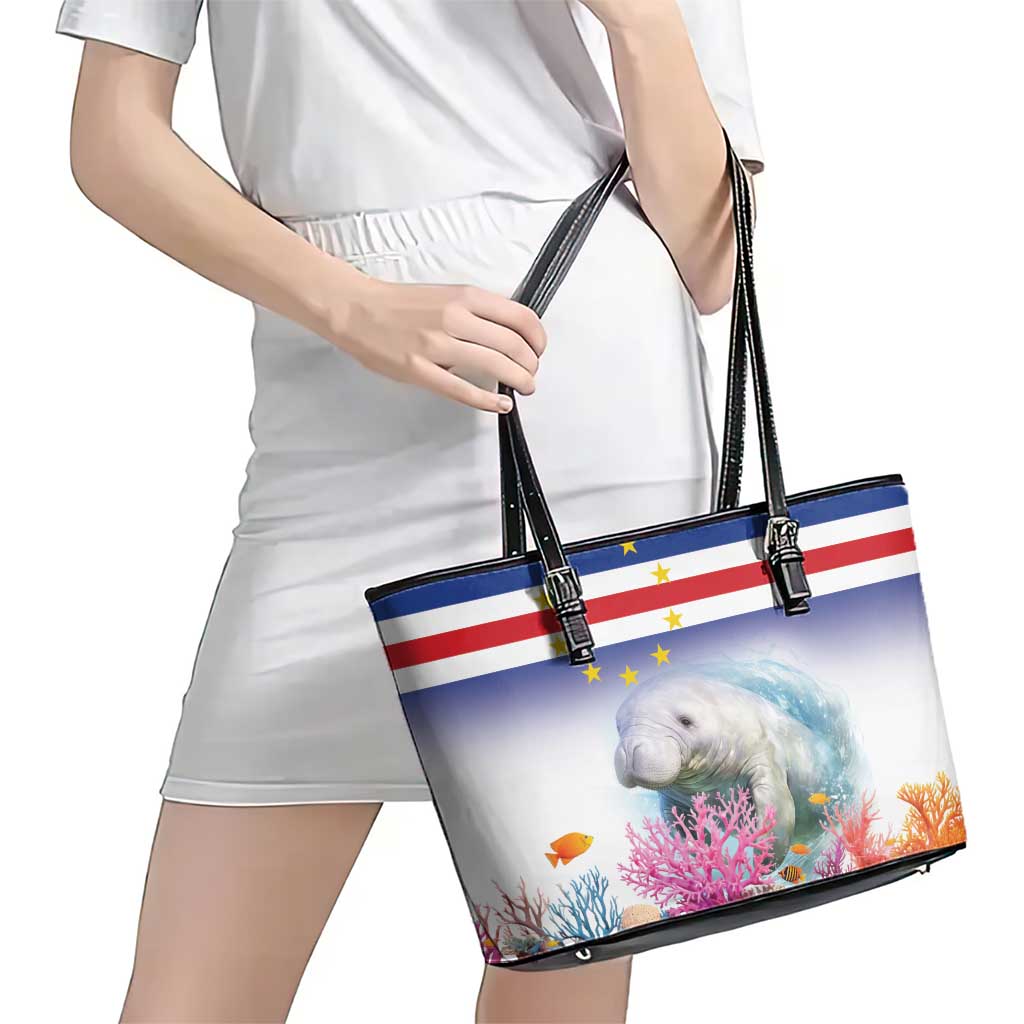 Cape Verde Manatee Leather Tote Bag Coral Reef With Flag Style - Wonder Print Shop