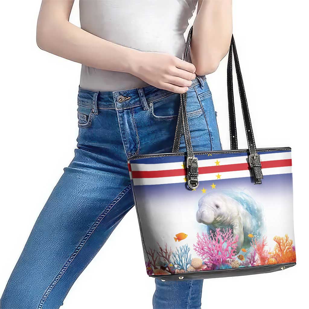 Cape Verde Manatee Leather Tote Bag Coral Reef With Flag Style - Wonder Print Shop