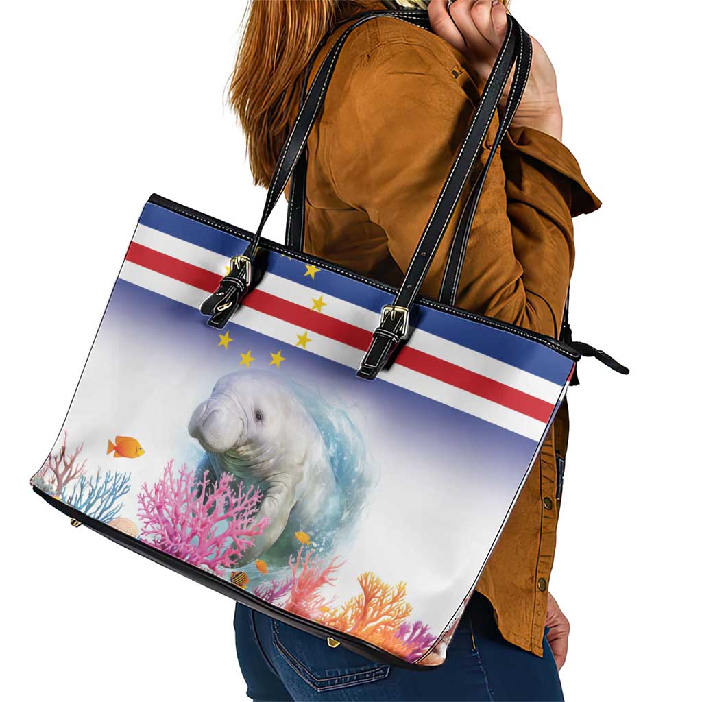 Cape Verde Manatee Leather Tote Bag Coral Reef With Flag Style - Wonder Print Shop