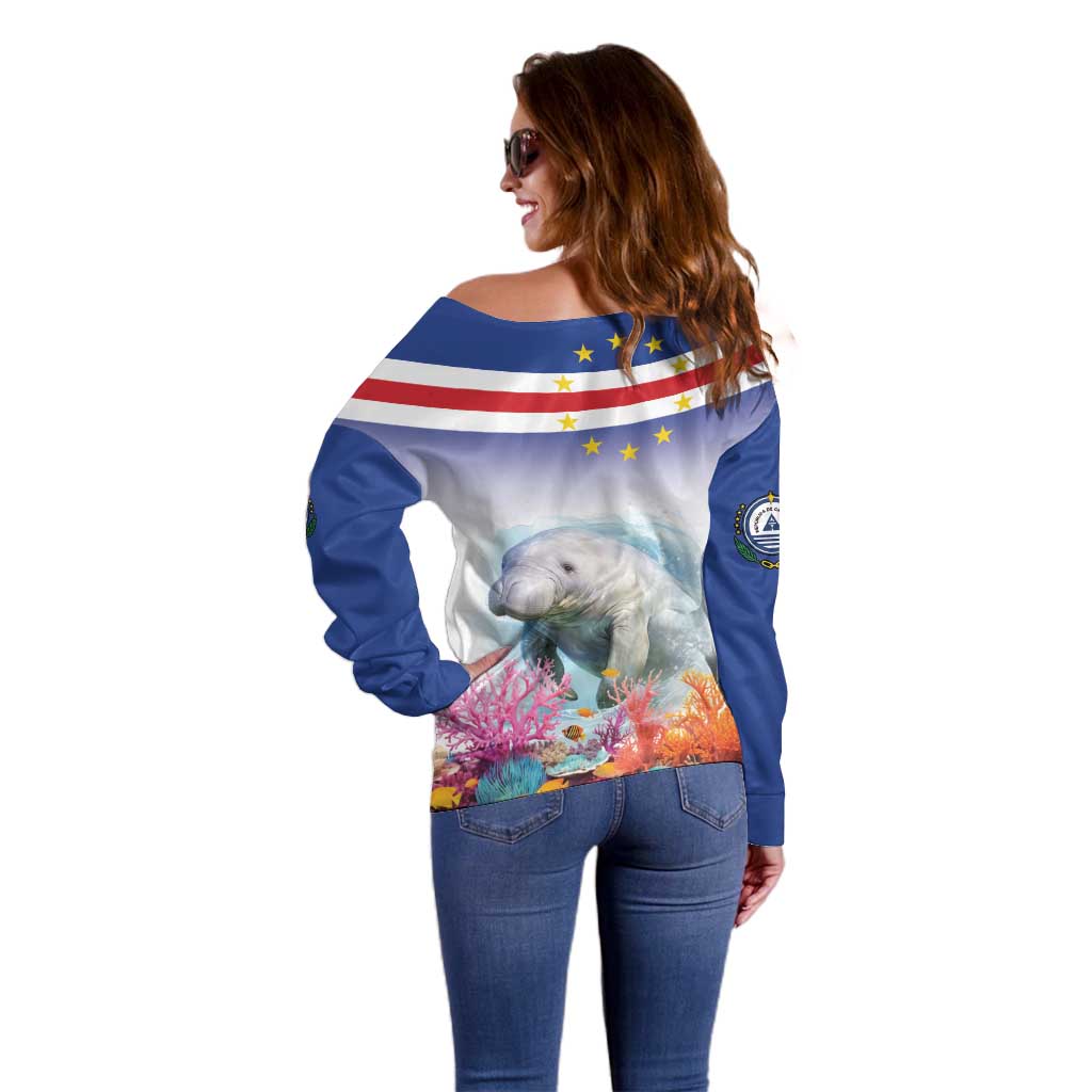 Cape Verde Manatee Off Shoulder Sweater Coral Reef With Flag Style - Wonder Print Shop
