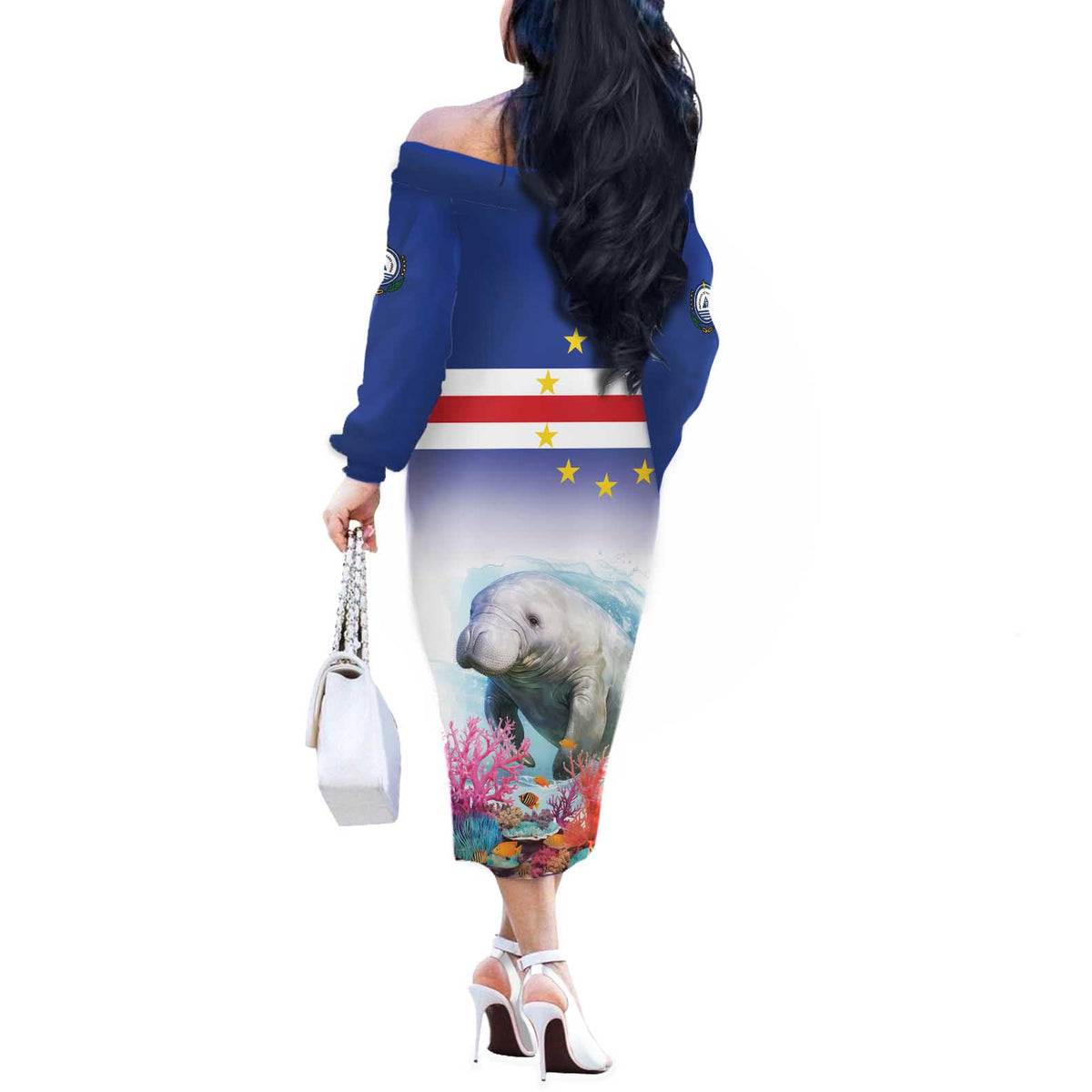Cape Verde Manatee Off The Shoulder Long Sleeve Dress Coral Reef With Flag Style - Wonder Print Shop