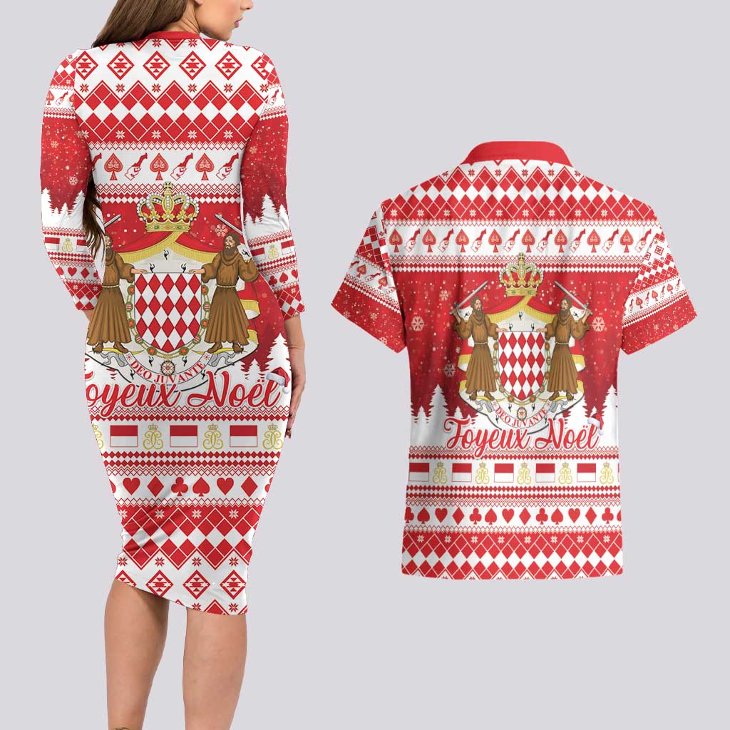 Monaco Christmas Couples Matching Long Sleeve Bodycon Dress and Hawaiian Shirt Joyeux Noel Coat Of Arms - Wonder Print Shop