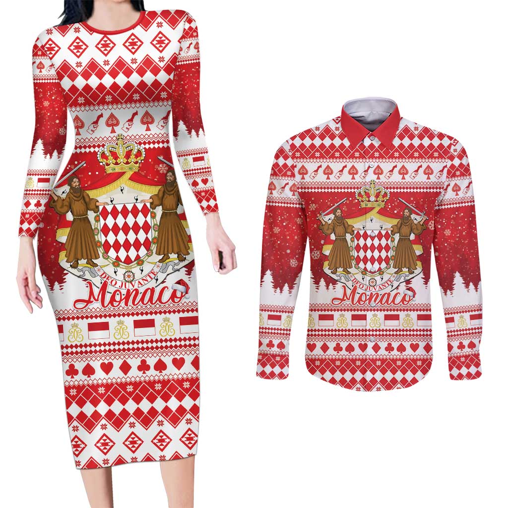 Monaco Christmas Couples Matching Long Sleeve Bodycon Dress and Long Sleeve Button Shirt Joyeux Noel Coat Of Arms - Wonder Print Shop