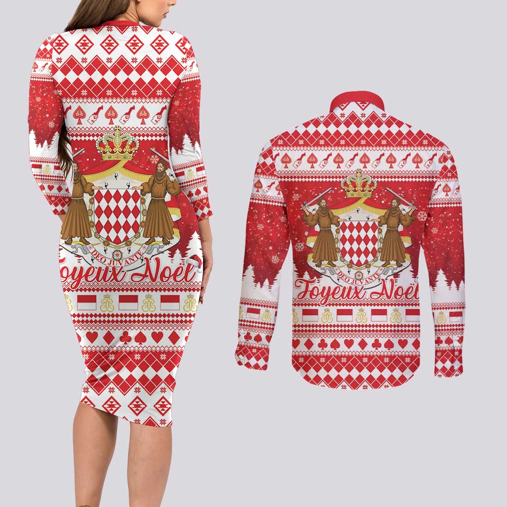 Monaco Christmas Couples Matching Long Sleeve Bodycon Dress and Long Sleeve Button Shirt Joyeux Noel Coat Of Arms - Wonder Print Shop