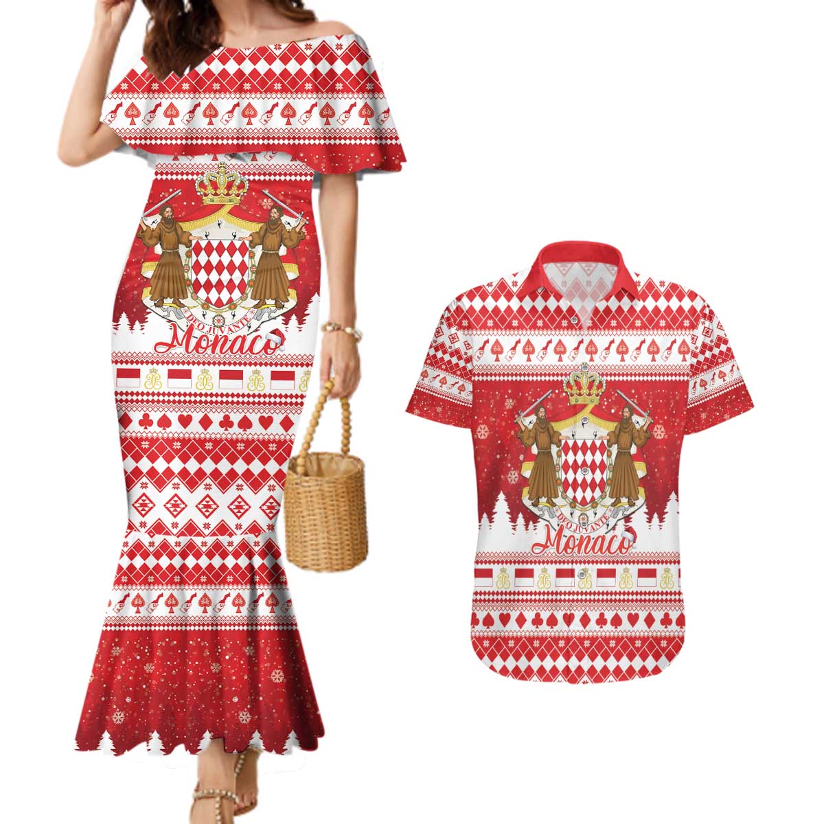 Monaco Christmas Couples Matching Mermaid Dress and Hawaiian Shirt Joyeux Noel Coat Of Arms - Wonder Print Shop