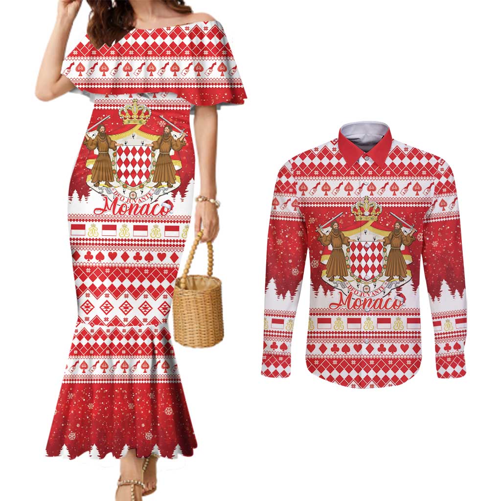 Monaco Christmas Couples Matching Mermaid Dress and Long Sleeve Button Shirt Joyeux Noel Coat Of Arms - Wonder Print Shop