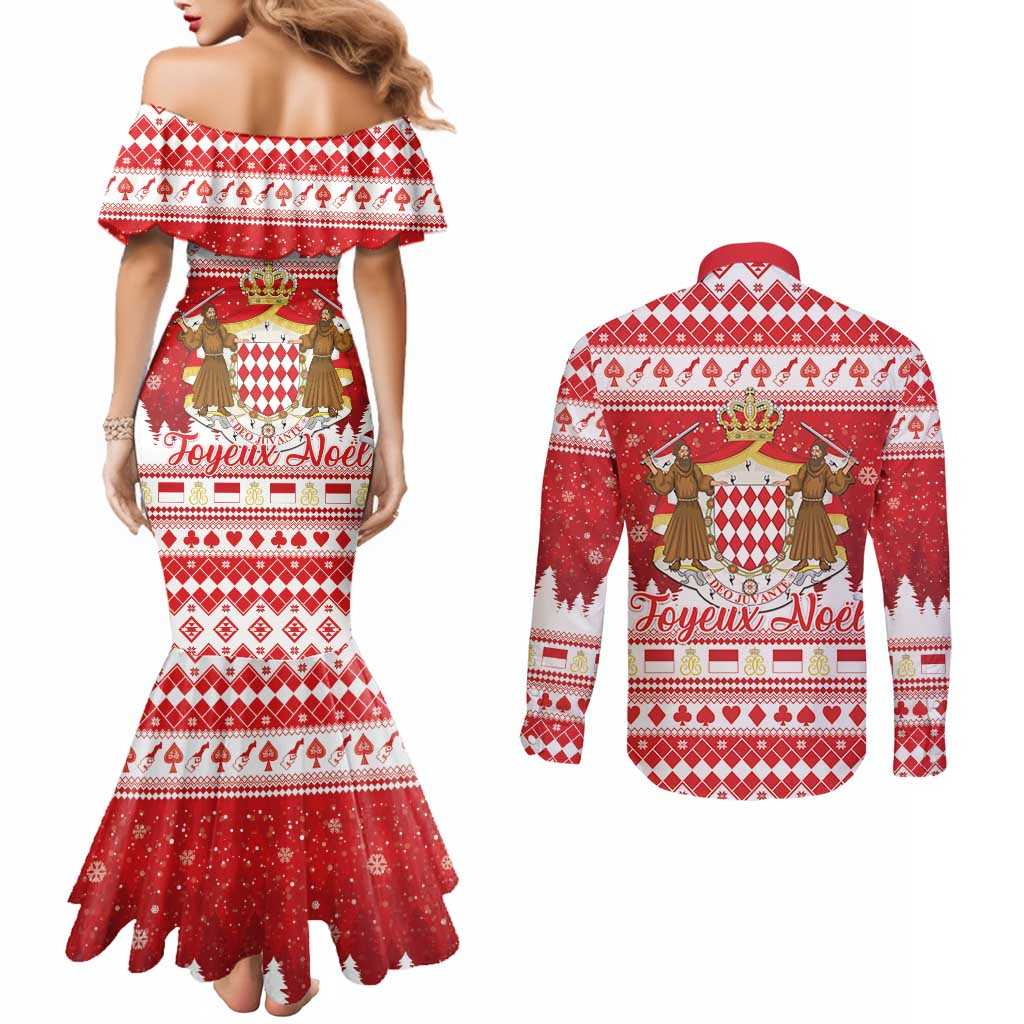 Monaco Christmas Couples Matching Mermaid Dress and Long Sleeve Button Shirt Joyeux Noel Coat Of Arms - Wonder Print Shop