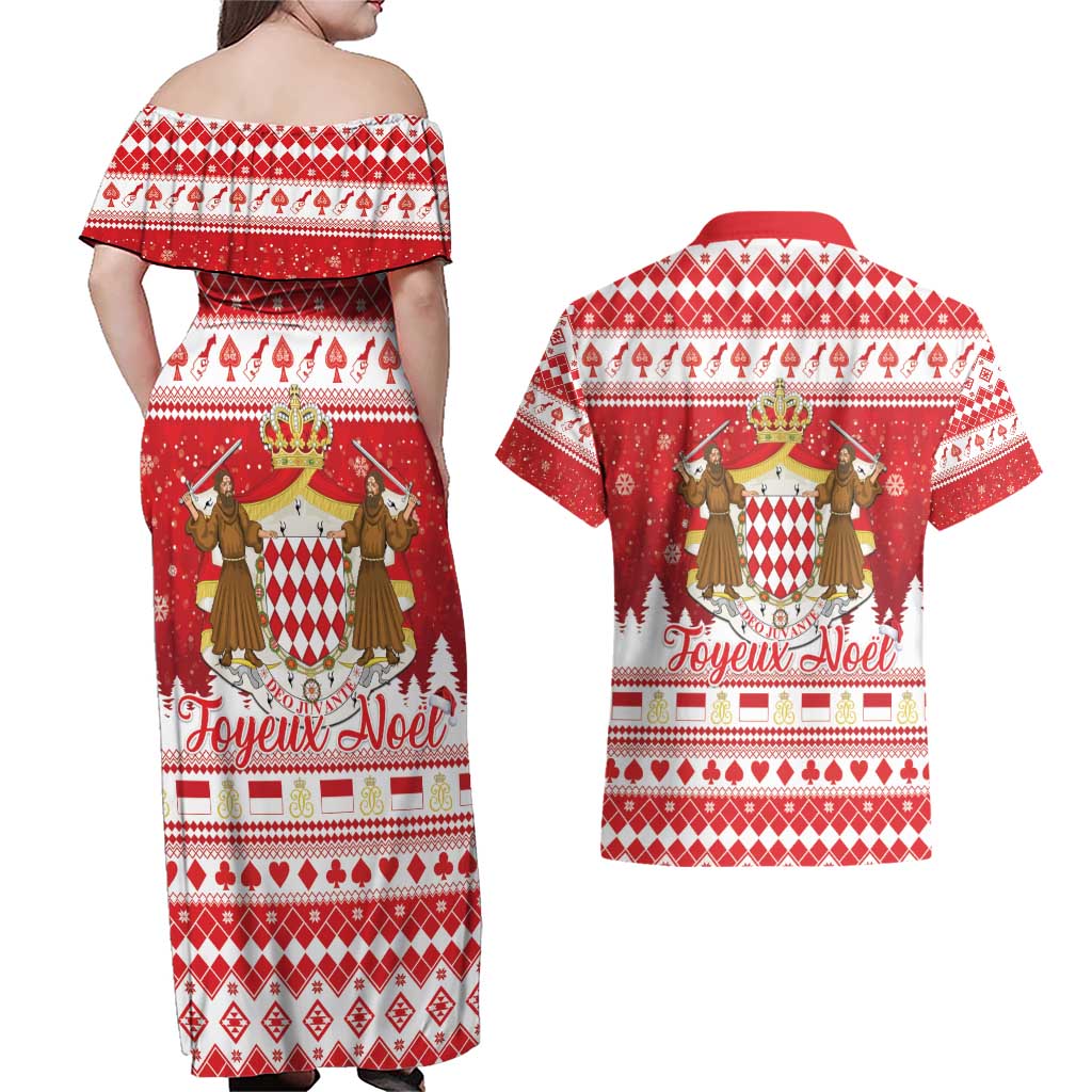Monaco Christmas Couples Matching Off Shoulder Maxi Dress and Hawaiian Shirt Joyeux Noel Coat Of Arms - Wonder Print Shop