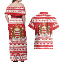 Monaco Christmas Couples Matching Off Shoulder Maxi Dress and Hawaiian Shirt Joyeux Noel Coat Of Arms - Wonder Print Shop