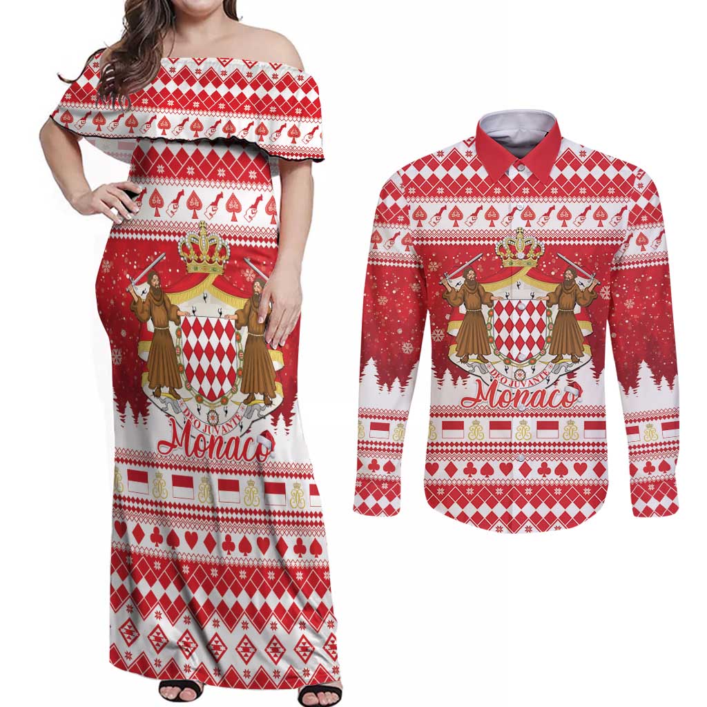Monaco Christmas Couples Matching Off Shoulder Maxi Dress and Long Sleeve Button Shirt Joyeux Noel Coat Of Arms - Wonder Print Shop