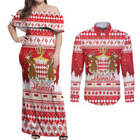 Monaco Christmas Couples Matching Off Shoulder Maxi Dress and Long Sleeve Button Shirt Joyeux Noel Coat Of Arms - Wonder Print Shop