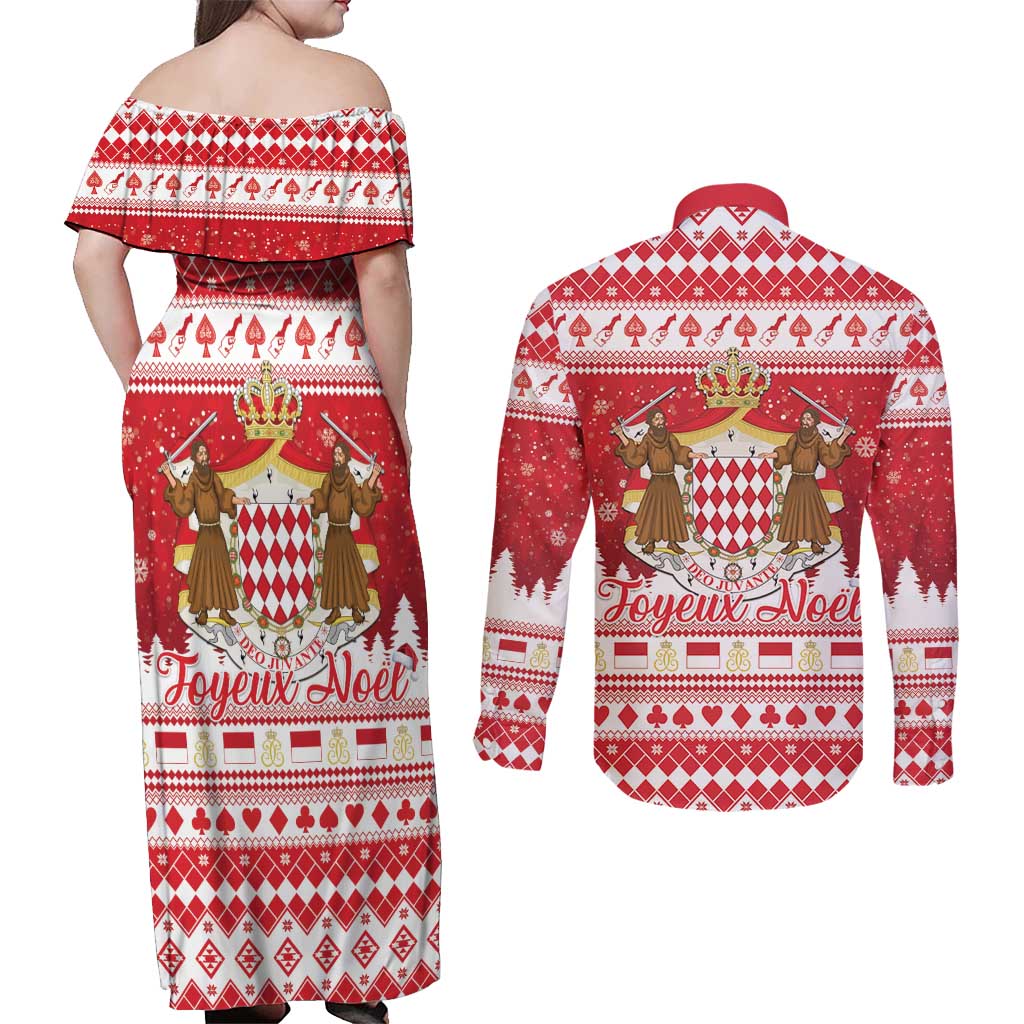 Monaco Christmas Couples Matching Off Shoulder Maxi Dress and Long Sleeve Button Shirt Joyeux Noel Coat Of Arms - Wonder Print Shop