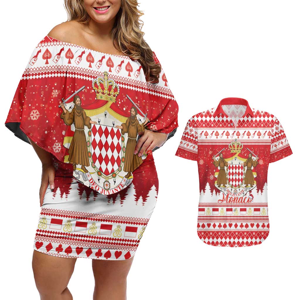 Monaco Christmas Couples Matching Off Shoulder Short Dress and Hawaiian Shirt Joyeux Noel Coat Of Arms - Wonder Print Shop