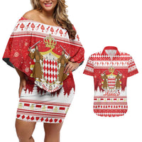 Monaco Christmas Couples Matching Off Shoulder Short Dress and Hawaiian Shirt Joyeux Noel Coat Of Arms - Wonder Print Shop