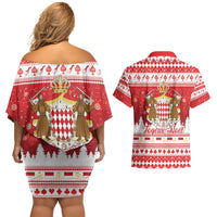 Monaco Christmas Couples Matching Off Shoulder Short Dress and Hawaiian Shirt Joyeux Noel Coat Of Arms - Wonder Print Shop