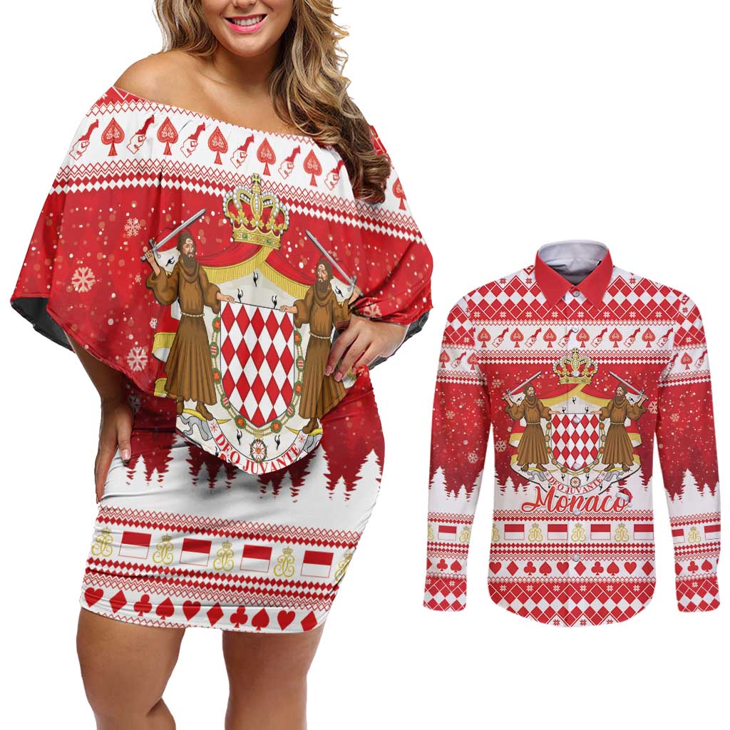 Monaco Christmas Couples Matching Off Shoulder Short Dress and Long Sleeve Button Shirt Joyeux Noel Coat Of Arms - Wonder Print Shop