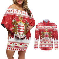 Monaco Christmas Couples Matching Off Shoulder Short Dress and Long Sleeve Button Shirt Joyeux Noel Coat Of Arms - Wonder Print Shop