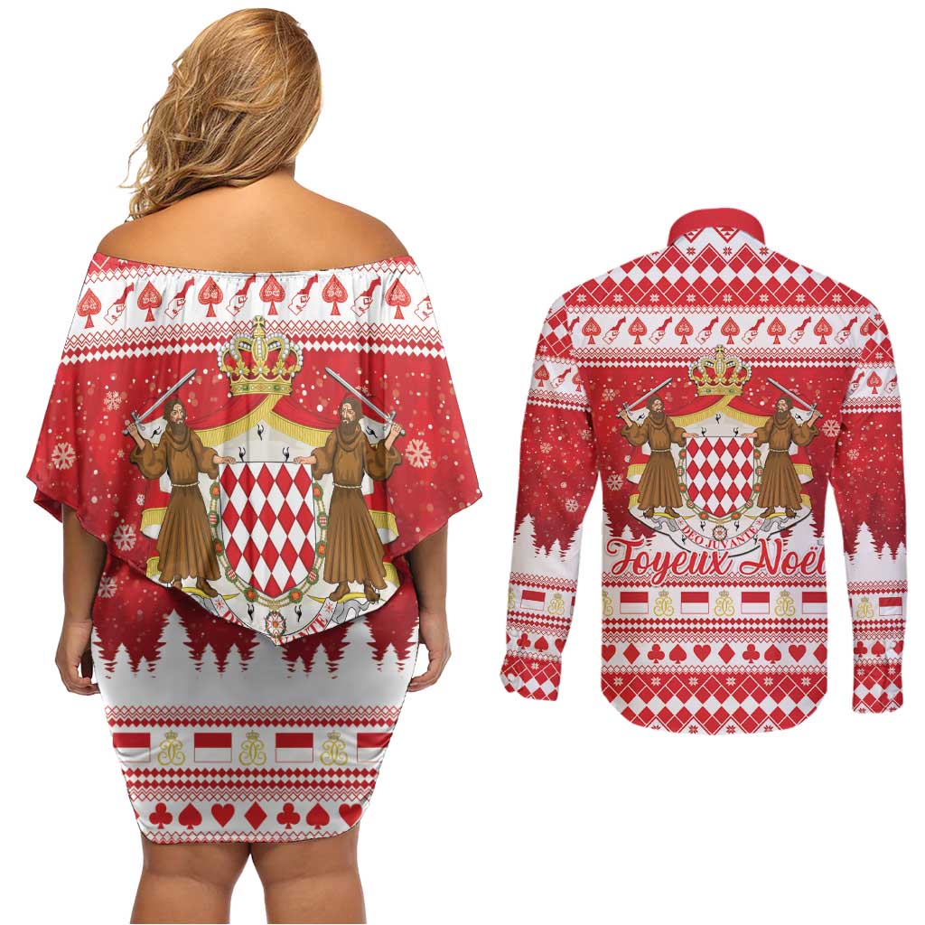 Monaco Christmas Couples Matching Off Shoulder Short Dress and Long Sleeve Button Shirt Joyeux Noel Coat Of Arms - Wonder Print Shop