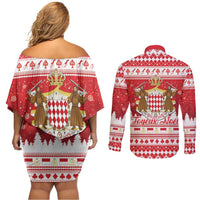 Monaco Christmas Couples Matching Off Shoulder Short Dress and Long Sleeve Button Shirt Joyeux Noel Coat Of Arms - Wonder Print Shop
