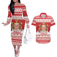 Monaco Christmas Couples Matching Off The Shoulder Long Sleeve Dress and Hawaiian Shirt Joyeux Noel Coat Of Arms - Wonder Print Shop
