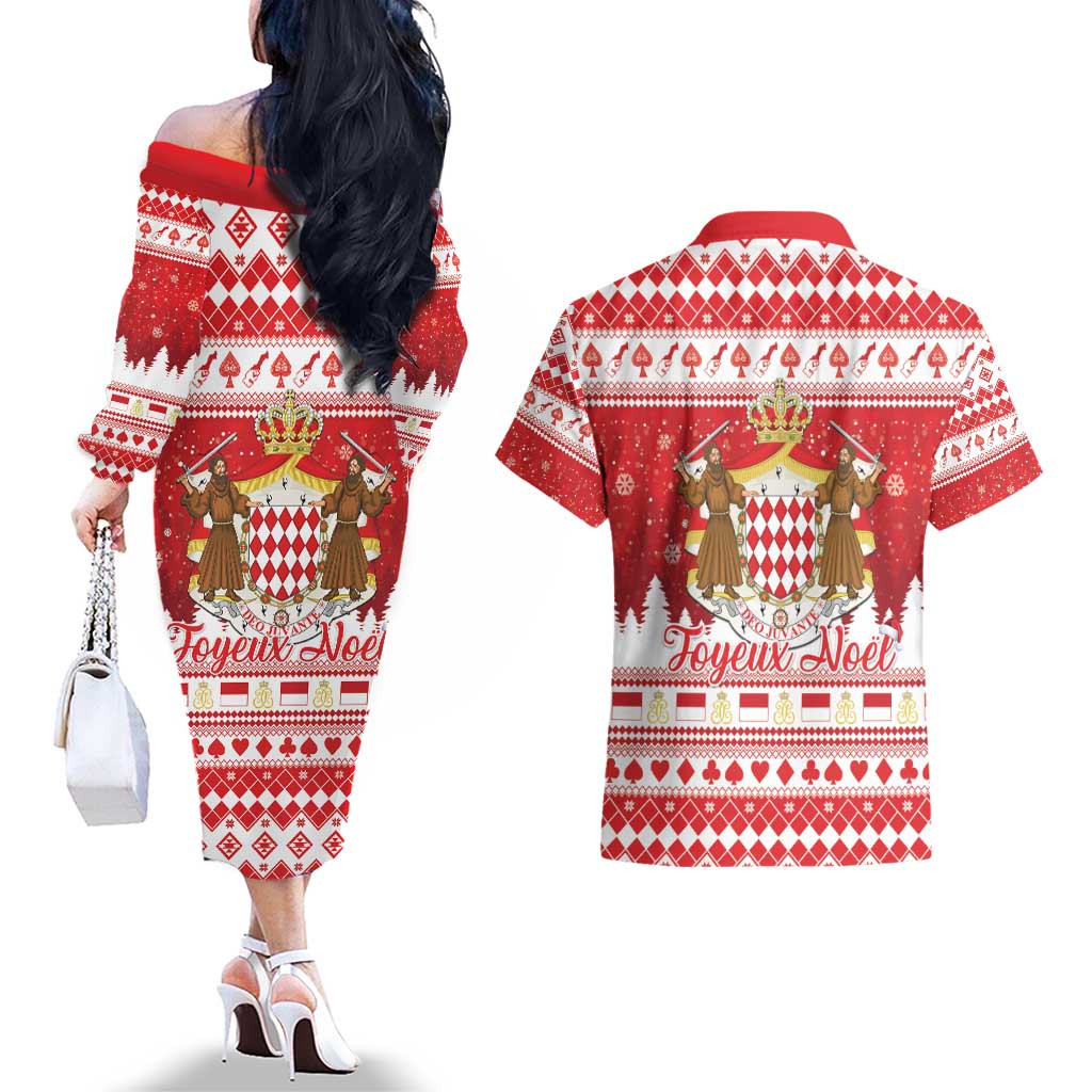 Monaco Christmas Couples Matching Off The Shoulder Long Sleeve Dress and Hawaiian Shirt Joyeux Noel Coat Of Arms - Wonder Print Shop