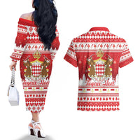 Monaco Christmas Couples Matching Off The Shoulder Long Sleeve Dress and Hawaiian Shirt Joyeux Noel Coat Of Arms - Wonder Print Shop