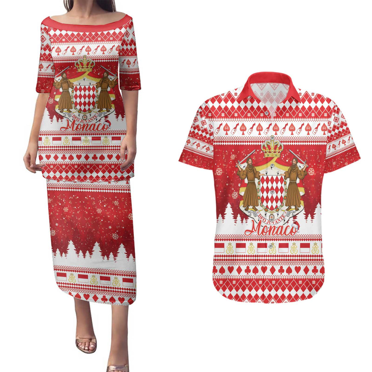 Monaco Christmas Couples Matching Puletasi and Hawaiian Shirt Joyeux Noel Coat Of Arms - Wonder Print Shop