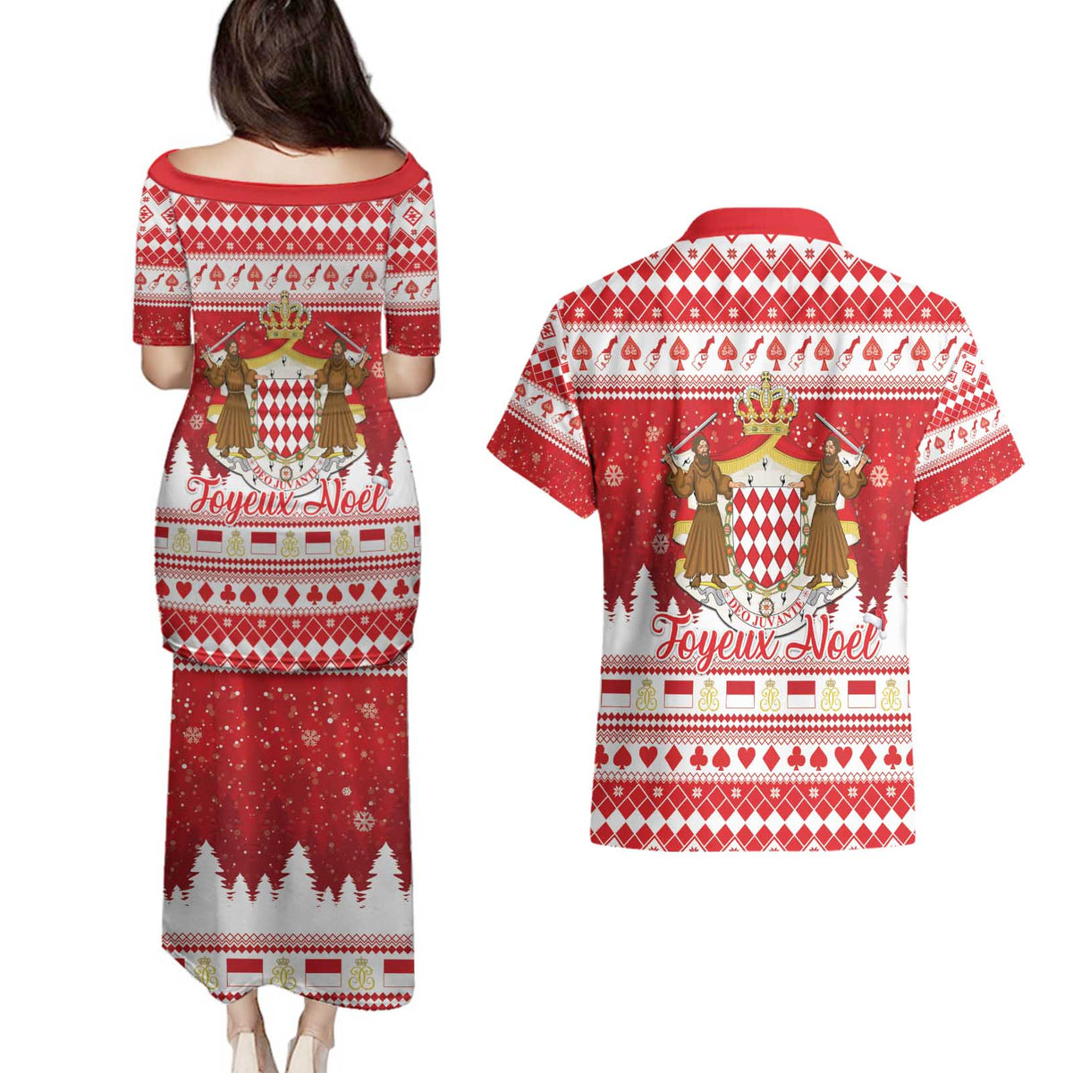 Monaco Christmas Couples Matching Puletasi and Hawaiian Shirt Joyeux Noel Coat Of Arms - Wonder Print Shop