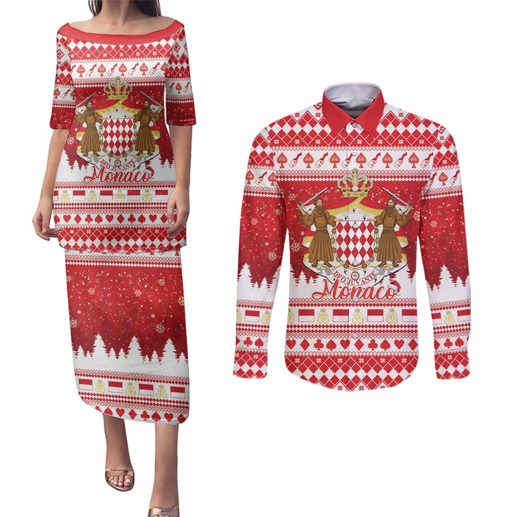 Monaco Christmas Couples Matching Puletasi and Long Sleeve Button Shirt Joyeux Noel Coat Of Arms - Wonder Print Shop