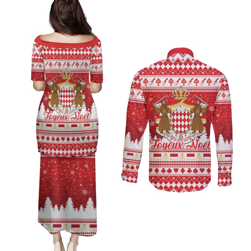 Monaco Christmas Couples Matching Puletasi and Long Sleeve Button Shirt Joyeux Noel Coat Of Arms - Wonder Print Shop