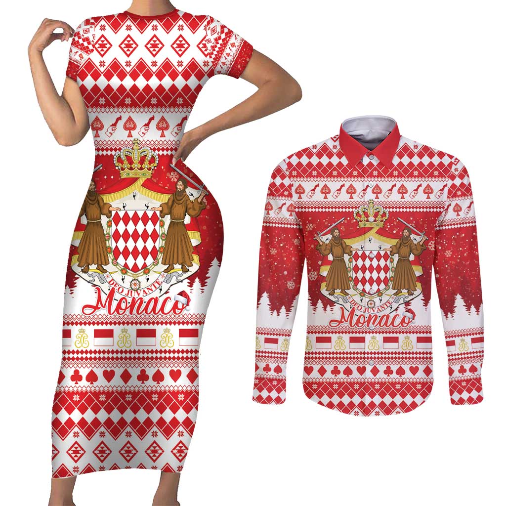 Monaco Christmas Couples Matching Short Sleeve Bodycon Dress and Long Sleeve Button Shirt Joyeux Noel Coat Of Arms - Wonder Print Shop