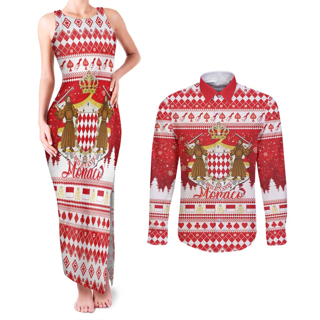 Monaco Christmas Couples Matching Tank Maxi Dress and Long Sleeve Button Shirt Joyeux Noel Coat Of Arms - Wonder Print Shop