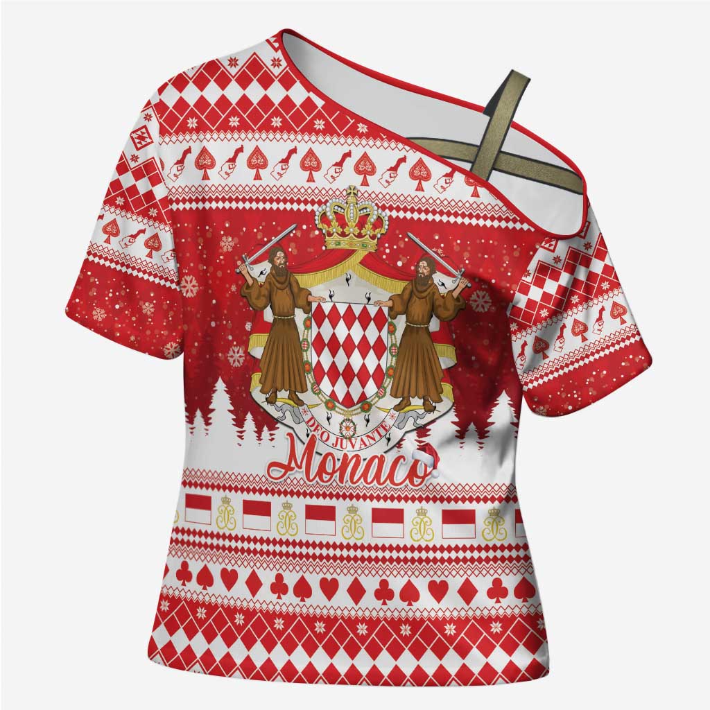Monaco Christmas Cross Shoulder Shirt Joyeux Noel Coat Of Arms - Wonder Print Shop