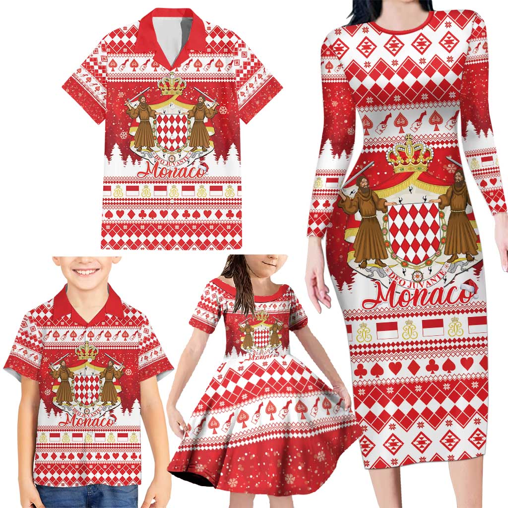 Monaco Christmas Family Matching Long Sleeve Bodycon Dress and Hawaiian Shirt Joyeux Noel Coat Of Arms - Wonder Print Shop
