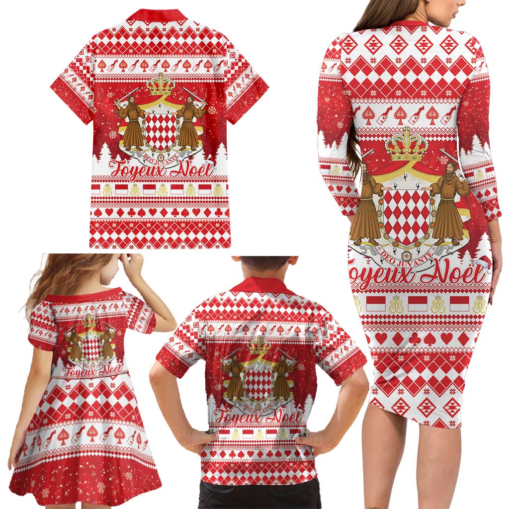 Monaco Christmas Family Matching Long Sleeve Bodycon Dress and Hawaiian Shirt Joyeux Noel Coat Of Arms - Wonder Print Shop