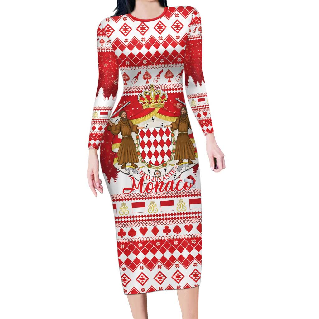 Monaco Christmas Family Matching Long Sleeve Bodycon Dress and Hawaiian Shirt Joyeux Noel Coat Of Arms - Wonder Print Shop