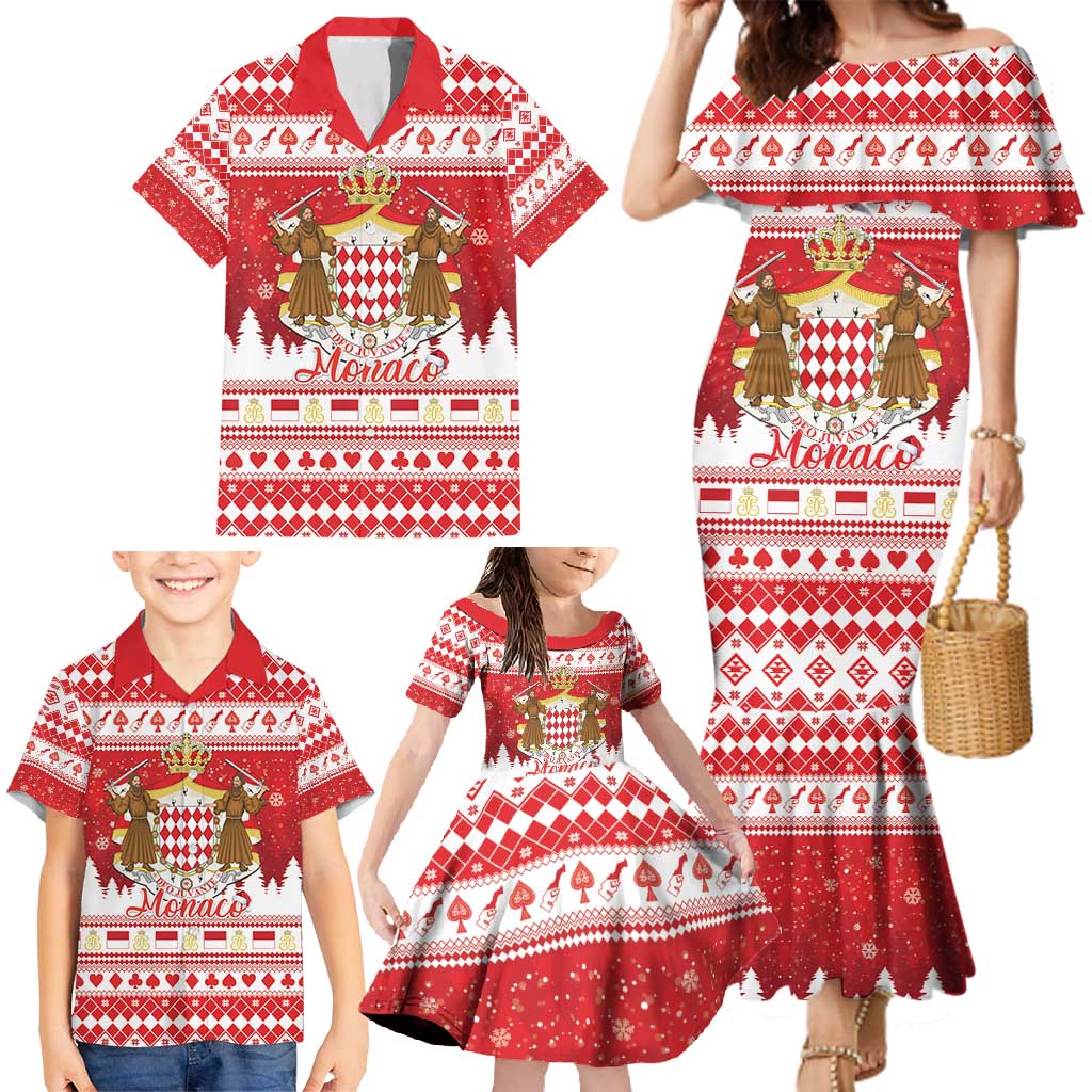 Monaco Christmas Family Matching Mermaid Dress and Hawaiian Shirt Joyeux Noel Coat Of Arms - Wonder Print Shop