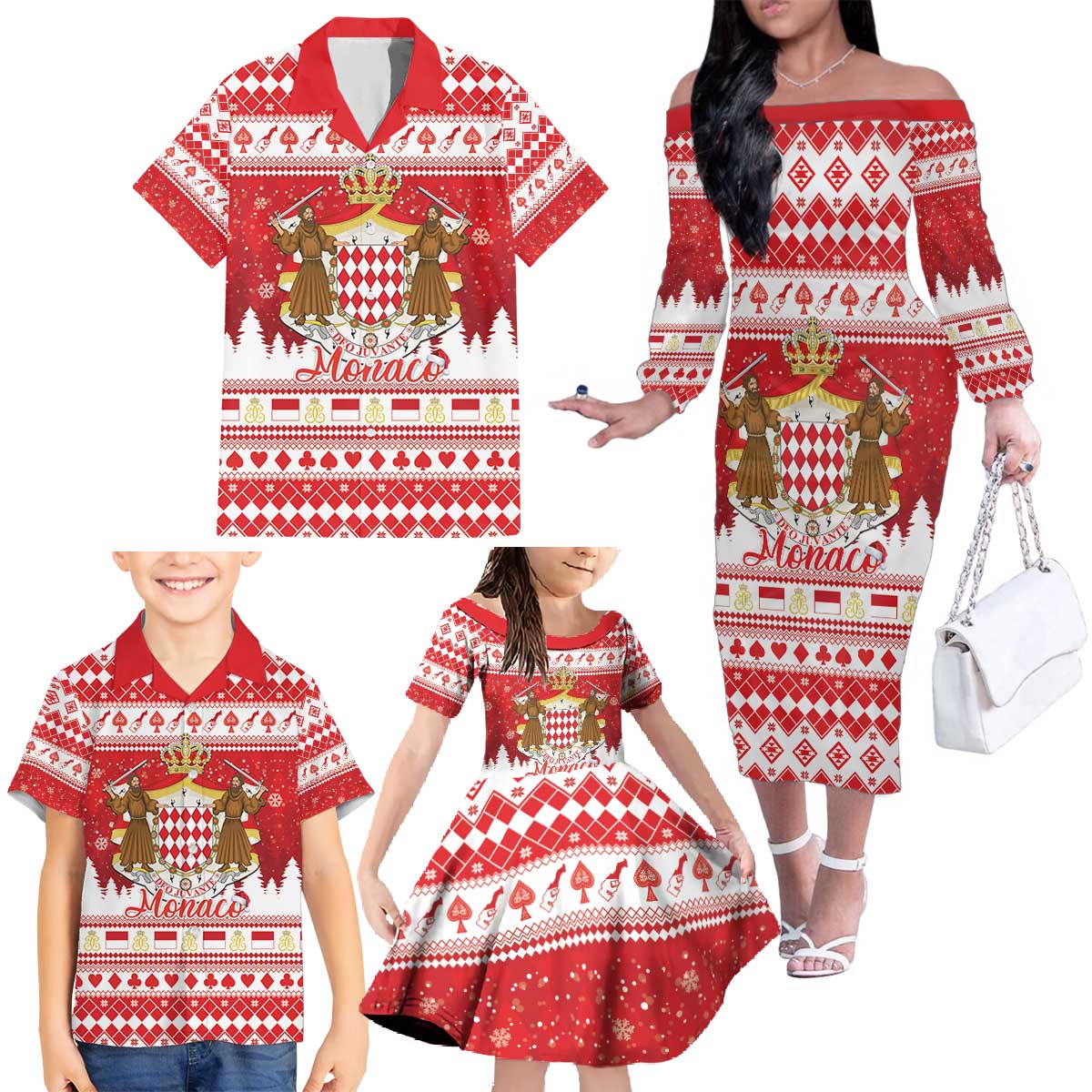 Monaco Christmas Family Matching Off The Shoulder Long Sleeve Dress and Hawaiian Shirt Joyeux Noel Coat Of Arms - Wonder Print Shop