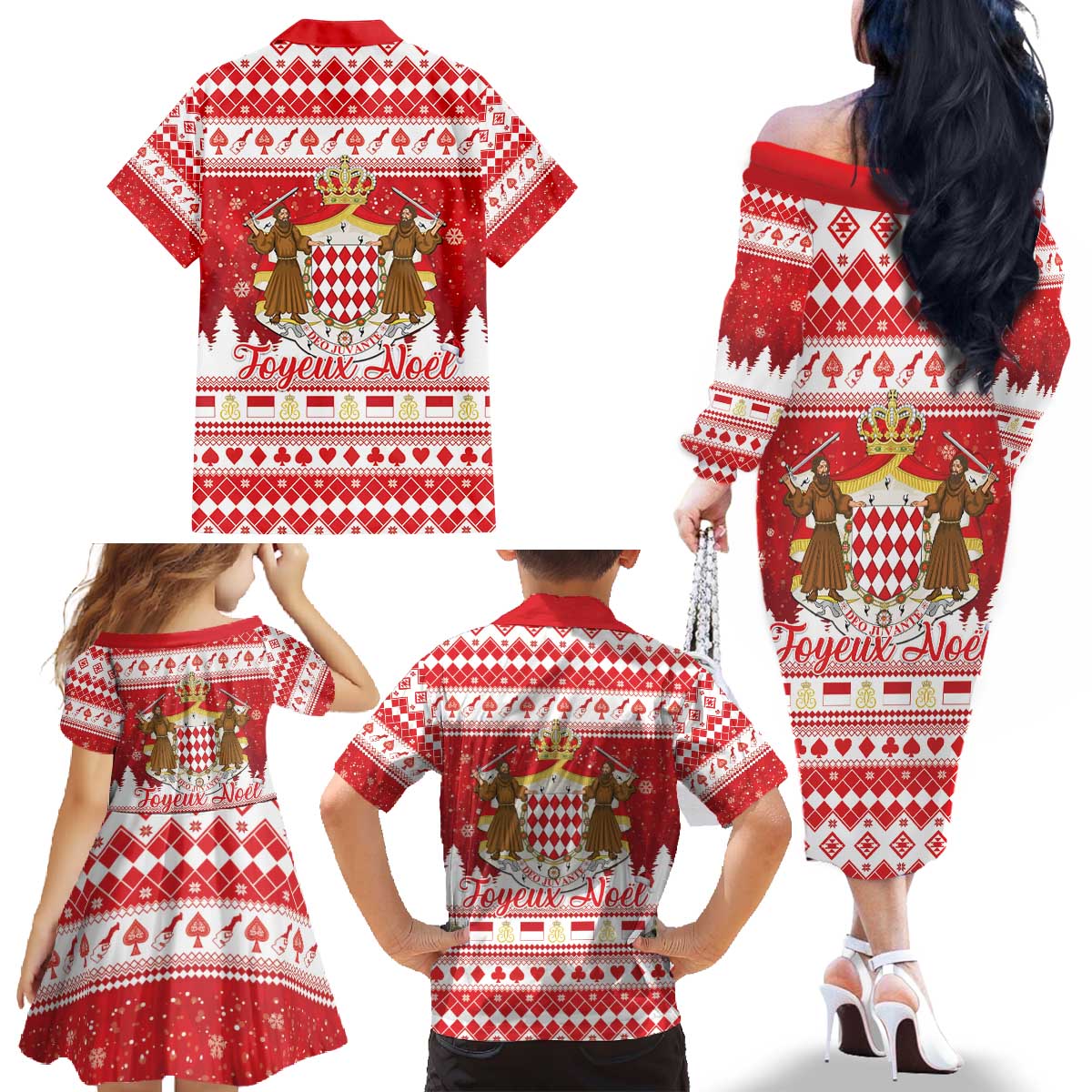 Monaco Christmas Family Matching Off The Shoulder Long Sleeve Dress and Hawaiian Shirt Joyeux Noel Coat Of Arms - Wonder Print Shop