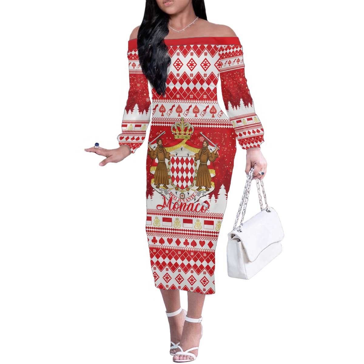 Monaco Christmas Family Matching Off The Shoulder Long Sleeve Dress and Hawaiian Shirt Joyeux Noel Coat Of Arms - Wonder Print Shop