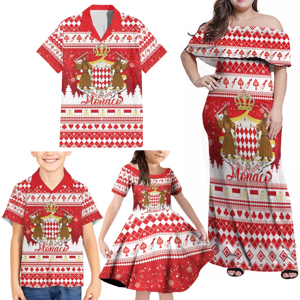 Monaco Christmas Family Matching Off Shoulder Maxi Dress and Hawaiian Shirt Joyeux Noel Coat Of Arms - Wonder Print Shop