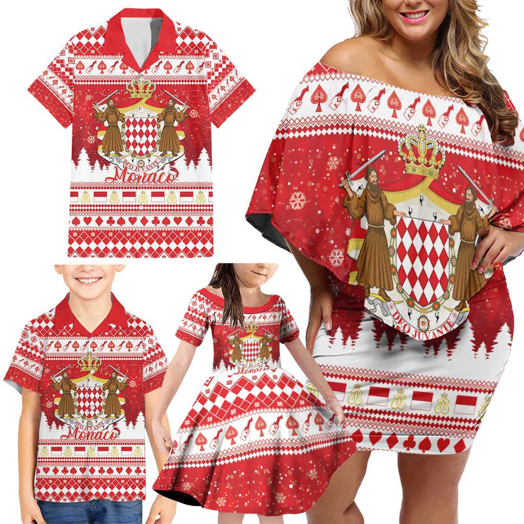Monaco Christmas Family Matching Off Shoulder Short Dress and Hawaiian Shirt Joyeux Noel Coat Of Arms - Wonder Print Shop