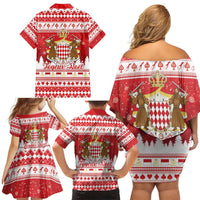 Monaco Christmas Family Matching Off Shoulder Short Dress and Hawaiian Shirt Joyeux Noel Coat Of Arms - Wonder Print Shop