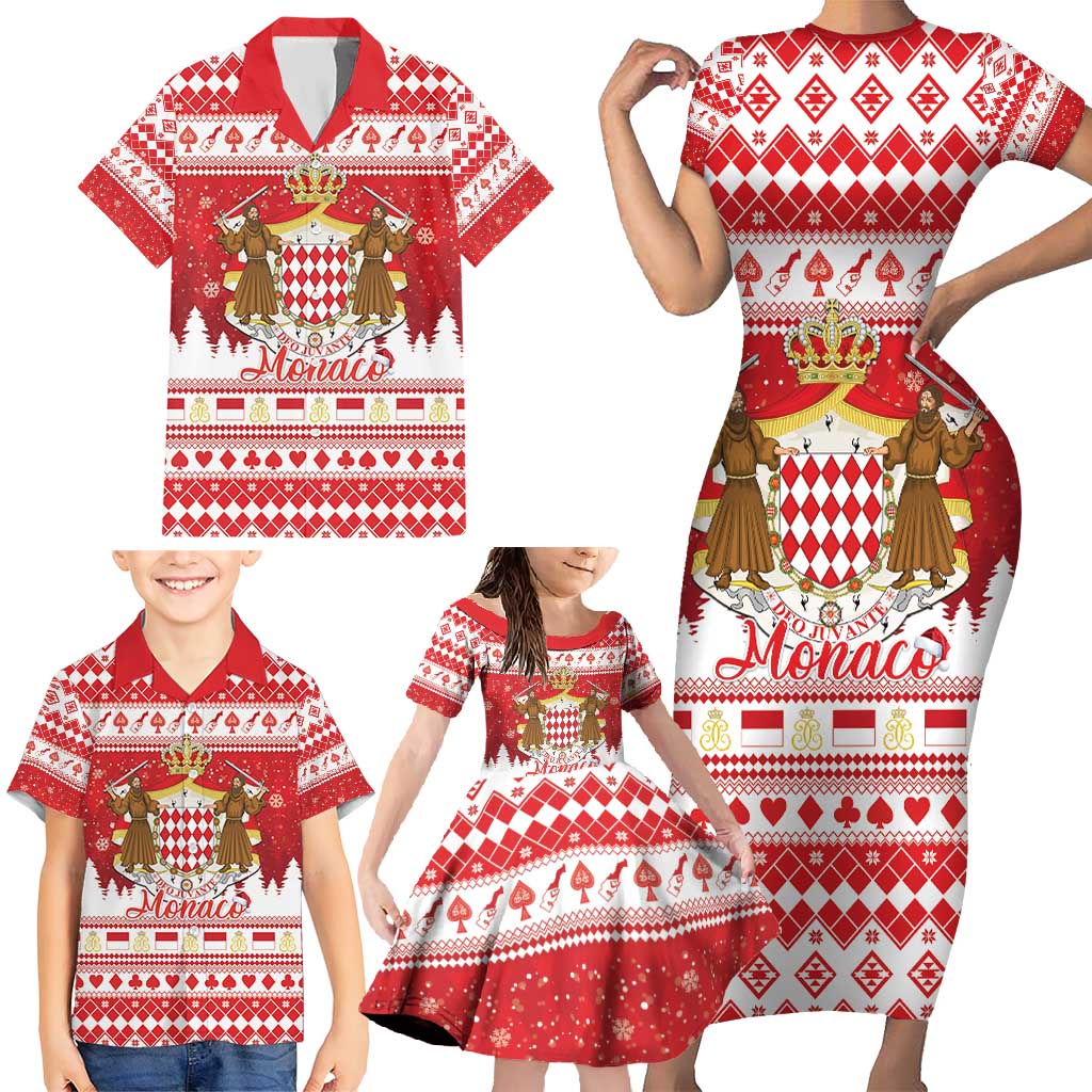 Monaco Christmas Family Matching Short Sleeve Bodycon Dress and Hawaiian Shirt Joyeux Noel Coat Of Arms - Wonder Print Shop