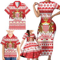 Monaco Christmas Family Matching Short Sleeve Bodycon Dress and Hawaiian Shirt Joyeux Noel Coat Of Arms - Wonder Print Shop
